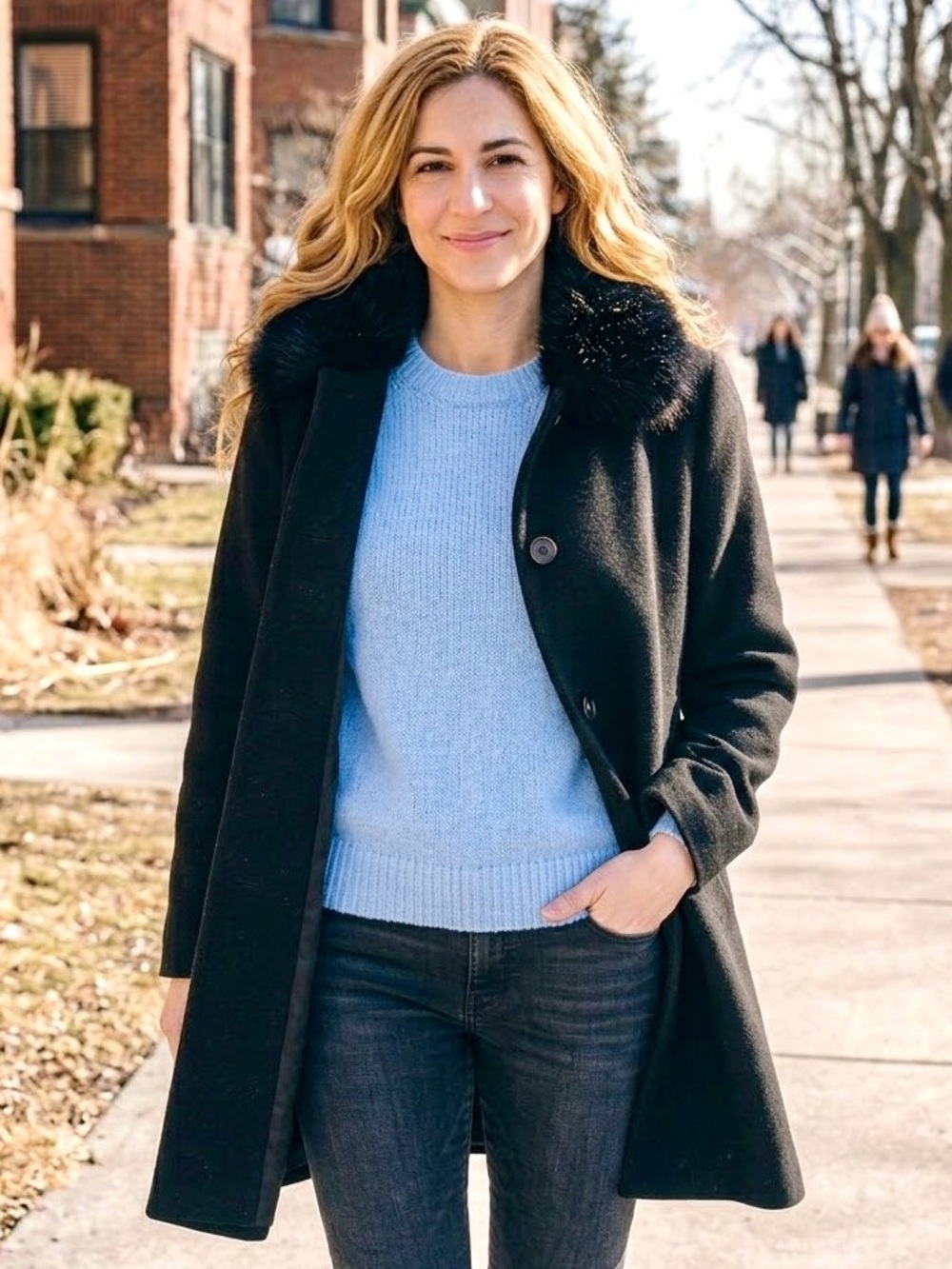 Women's Black Wool Blend Swing Coat with Faux Fur Collar